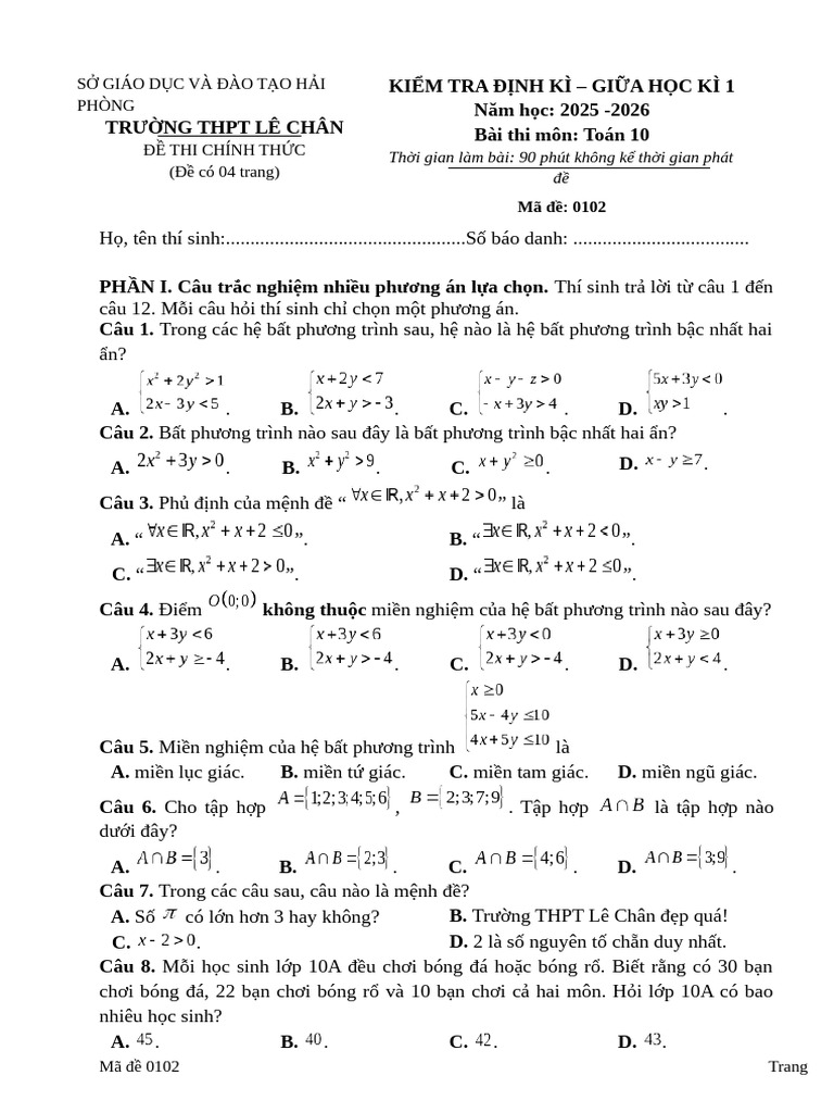 De Thi GK1 Toan 10 THPT Le Chan - Ma de 0102 | PDF