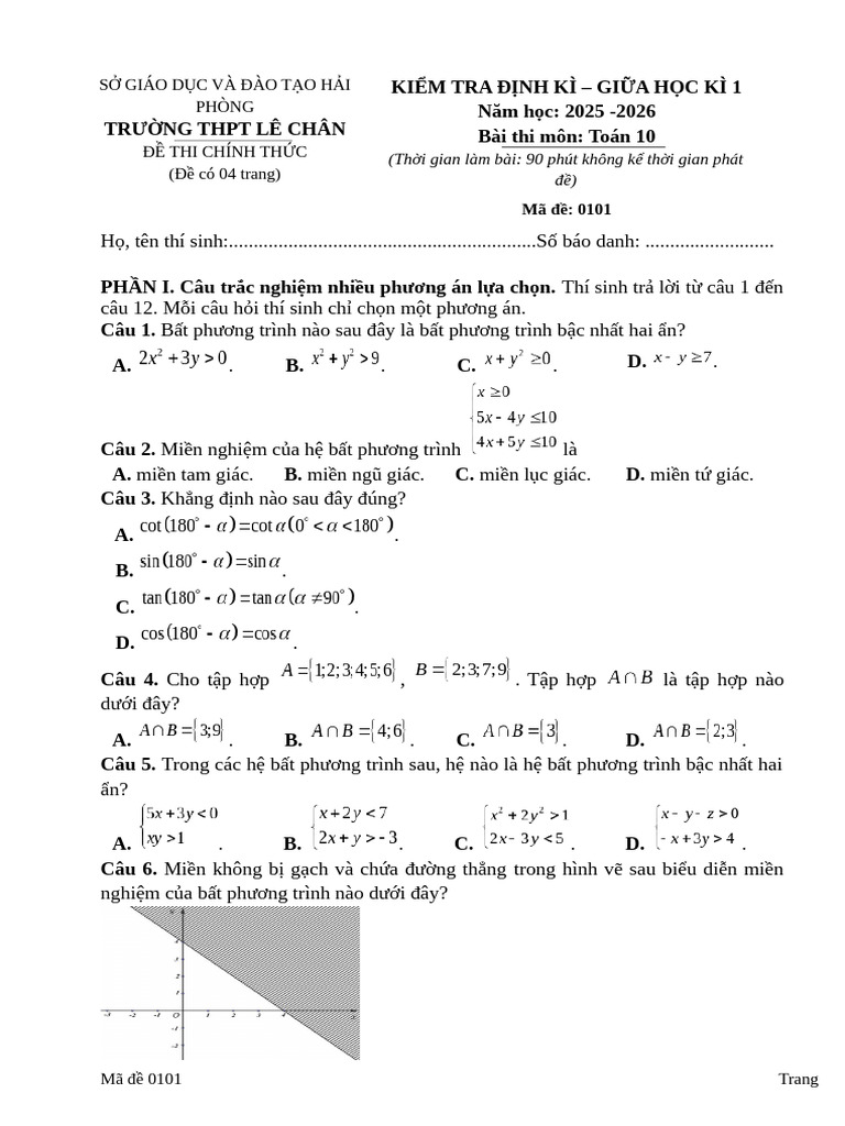 De Thi GK1 Toan 10 THPT Le Chan - Ma de 0101 | PDF