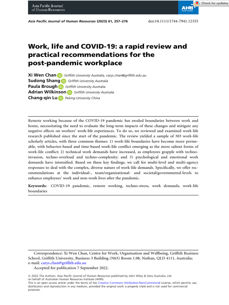 Asia Pac J Human Res - 2022 - Chan - Work Life and COVID 19 A Rapid ...