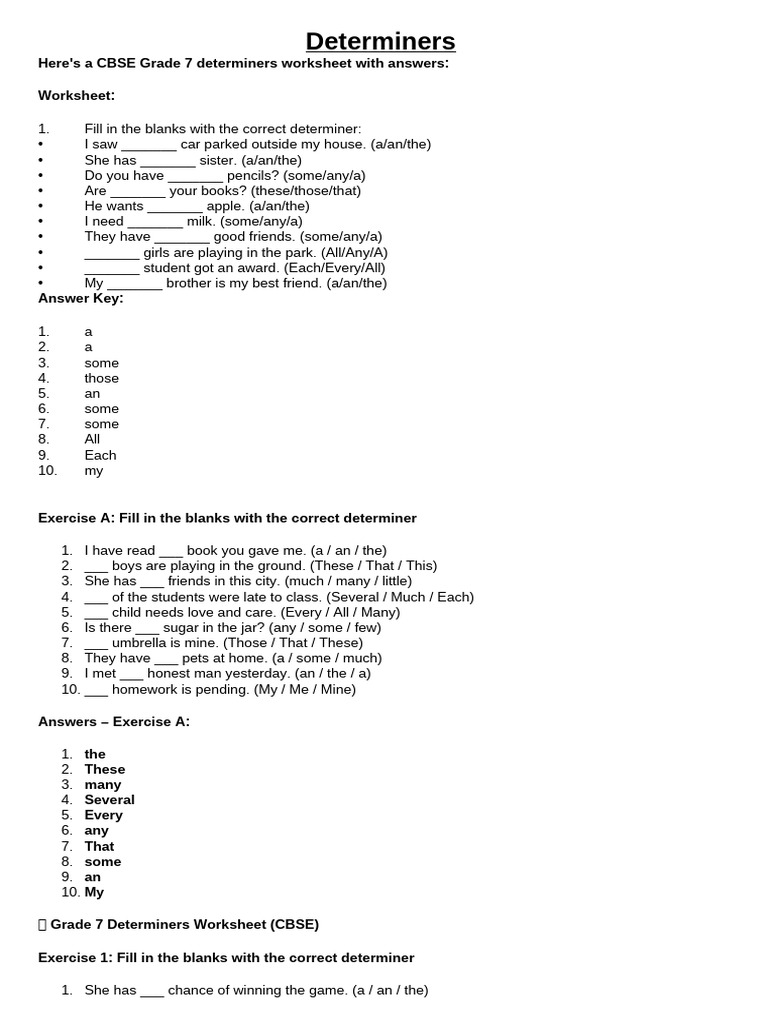 Grade 7 Determiners Worksheet with Answers | PDF | Plural | Verb