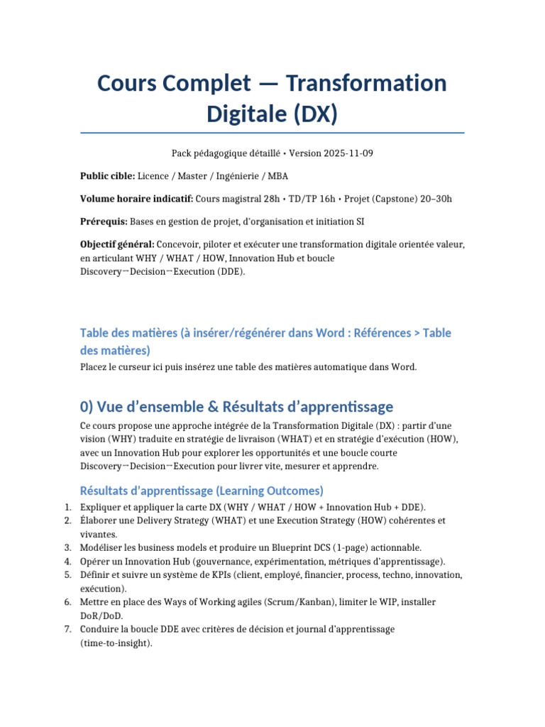 Cours sur la Transformation Digitale DX | PDF | Pédagogie | Business