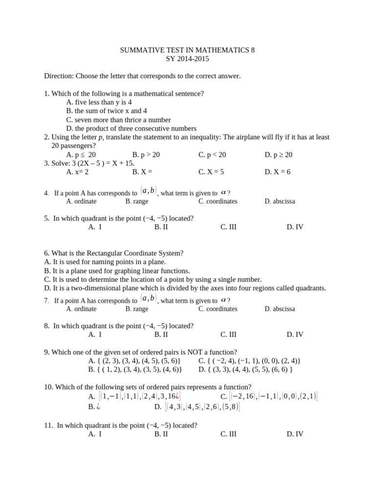 Mathematics 8 Summative Test Guide | PDF | Summation | Arithmetic
