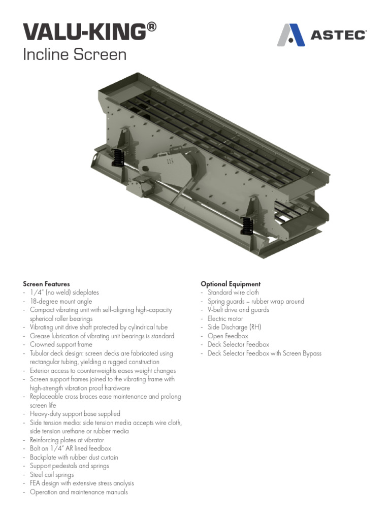 Valu-King® Incline Screen Features | PDF | Length | Mechanical Engineering