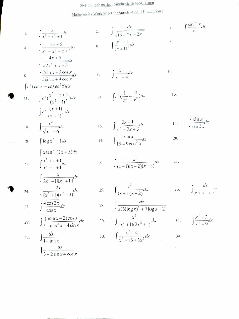 Integration Worksheet for Class XII | PDF | Chess Theory | Chess Openings