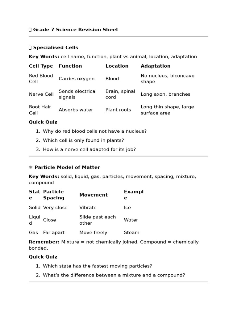 Grade 7 Science Revision Guide | PDF | Metals | Water