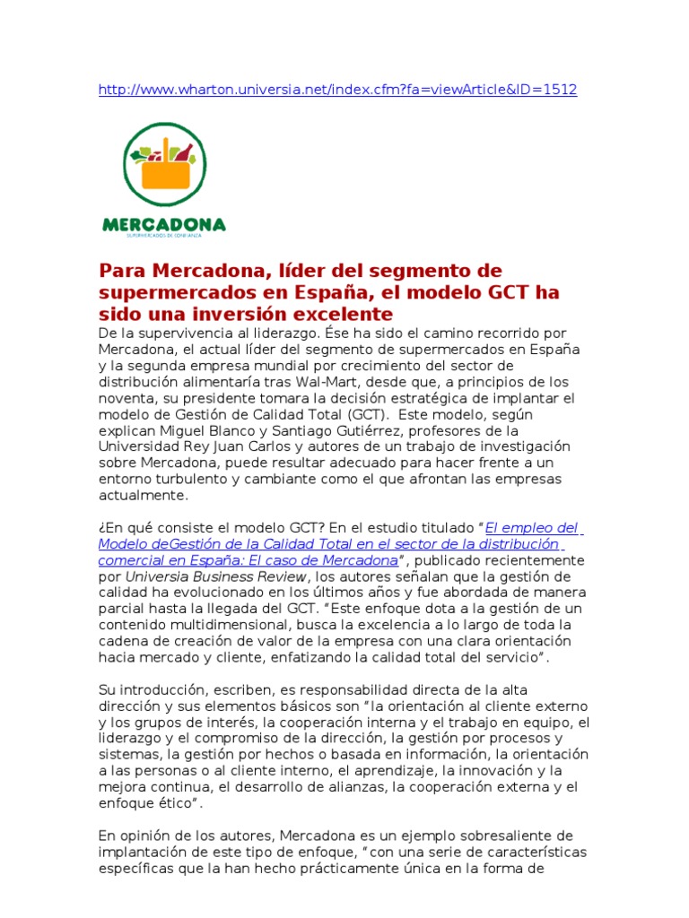 Modelo GCT De Mercadona xito Y Crecimiento PDF Calidad comercial 