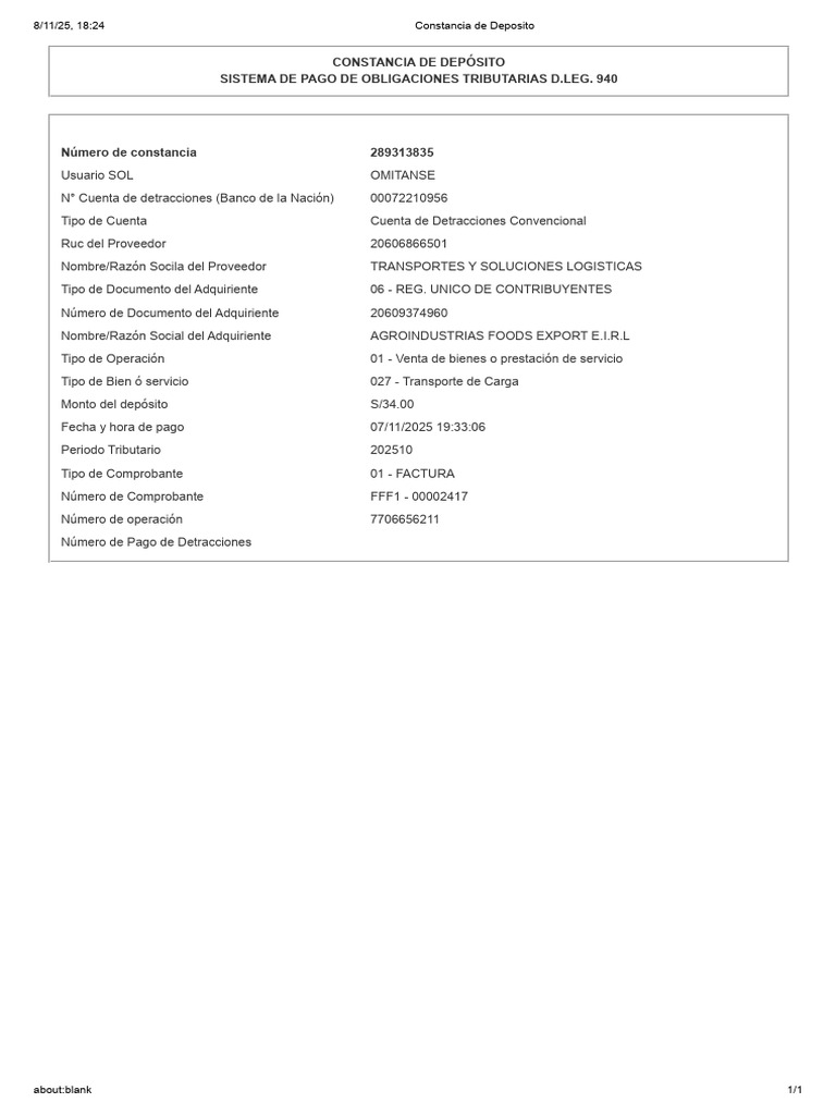 Constancia de Deposito FFF1 - 00002417 | PDF