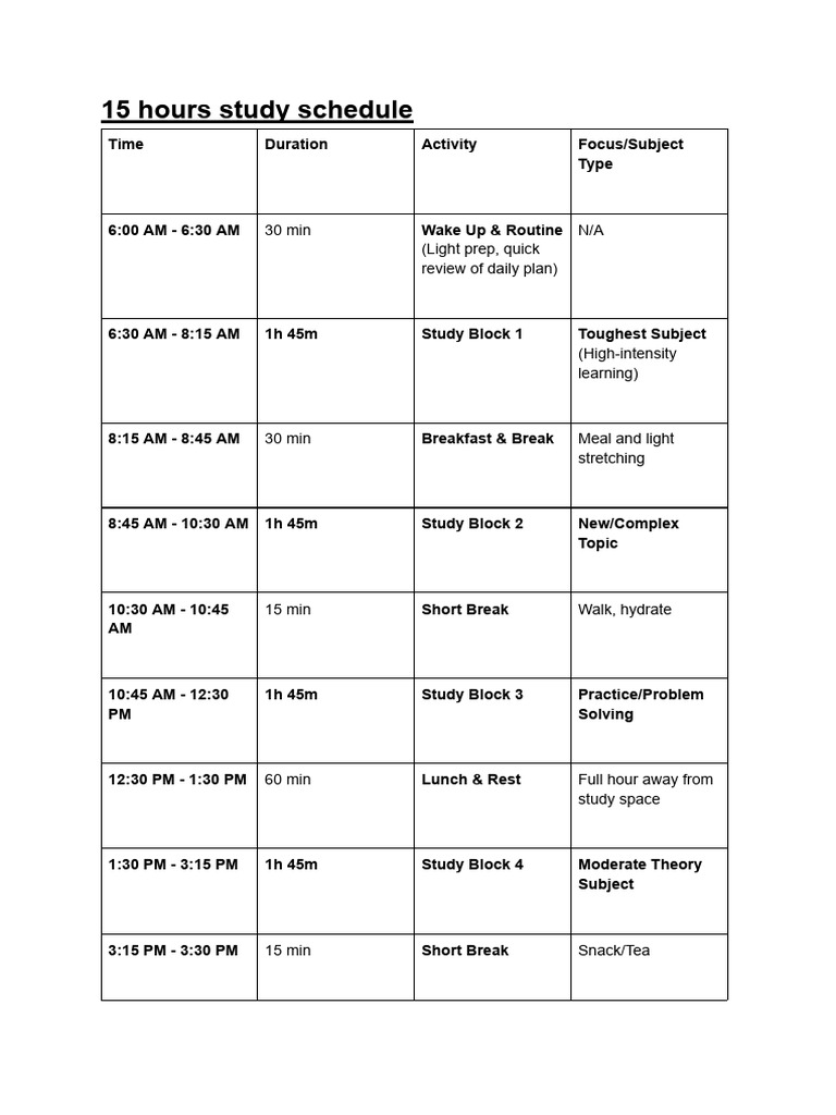 15 Hour Study Schedule | PDF