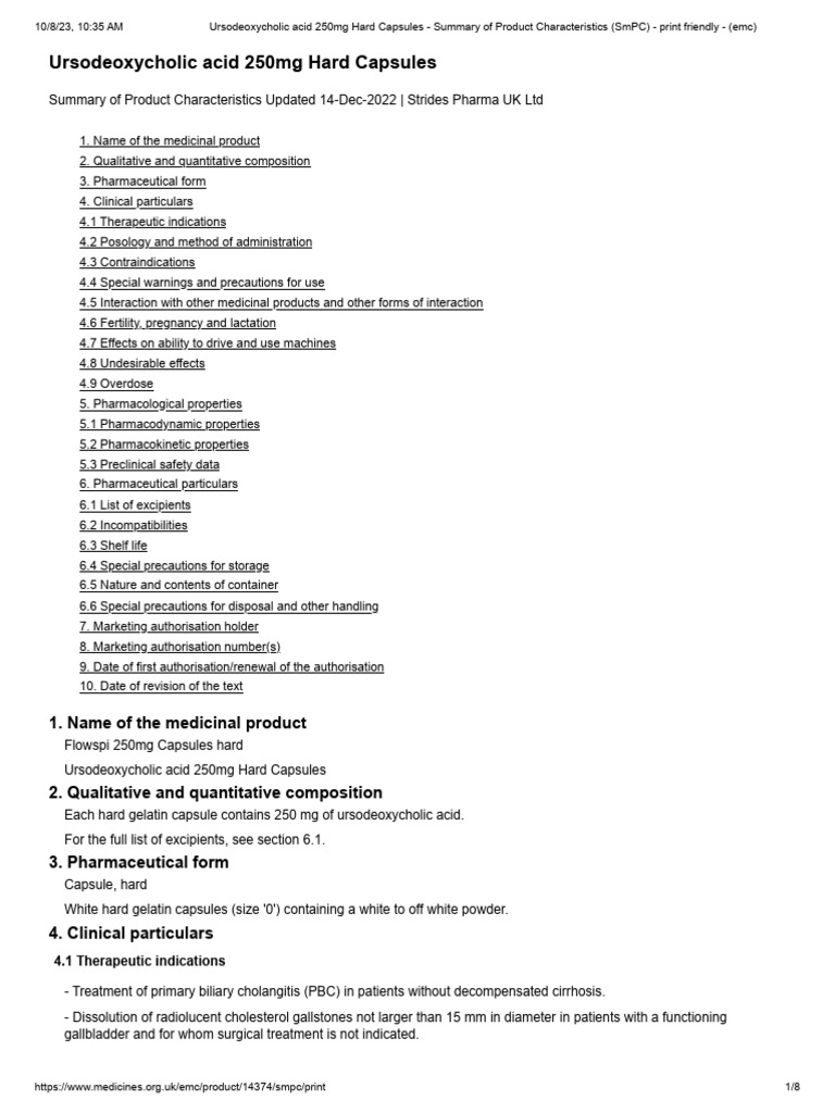 Ursodeoxycholic Acid 250mg SmPC | PDF | Gallbladder | Bile