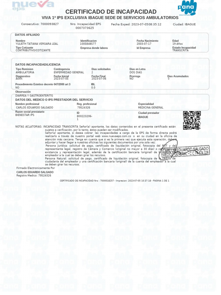 Certificado de Incapacidad Médica IBAGUE | PDF