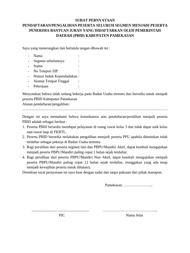 Surat Pernyataan Pendaftaran Pengalihan Menjadi Pbid Uhc | PDF