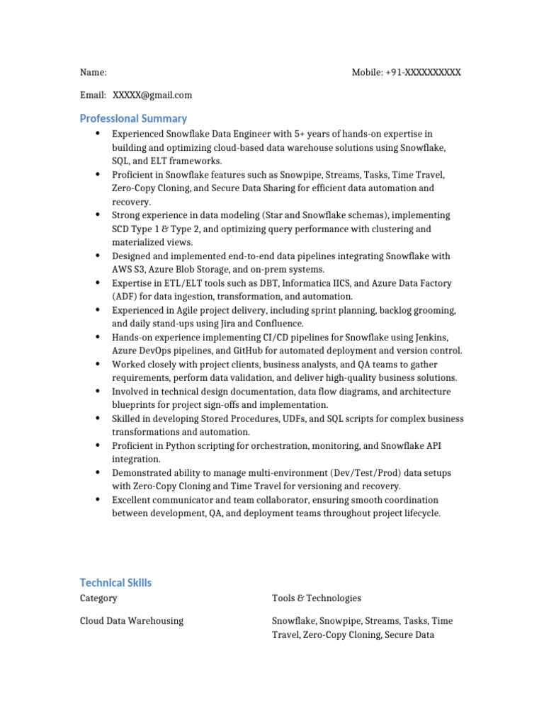Snowflake Data Engineer Profile | PDF | Information Science ...