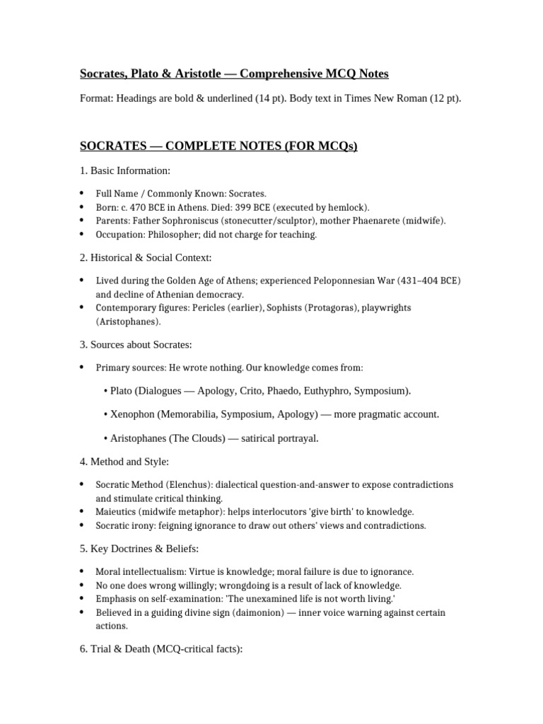 Greek Philosophers Complete MCQ Notes | PDF | Socrates | Plato