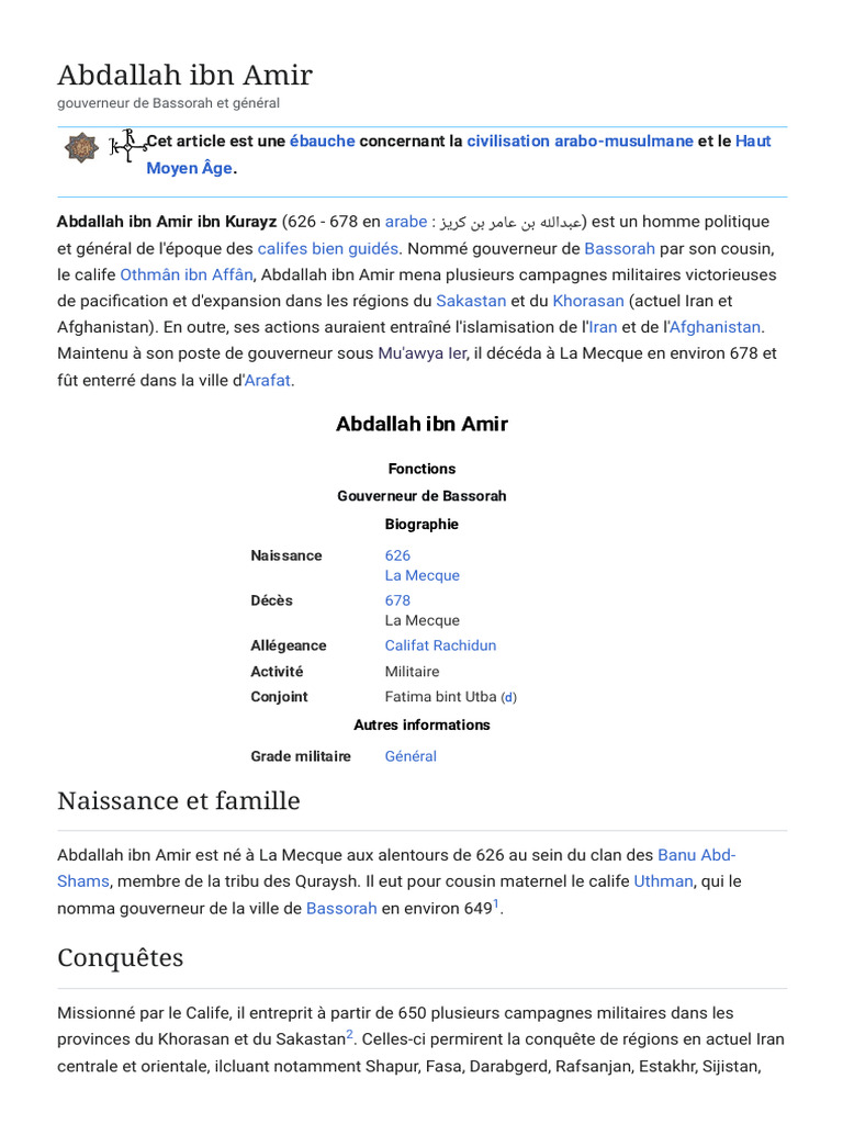 Abdallah ibn Amir : Gouverneur de Bassorah | PDF