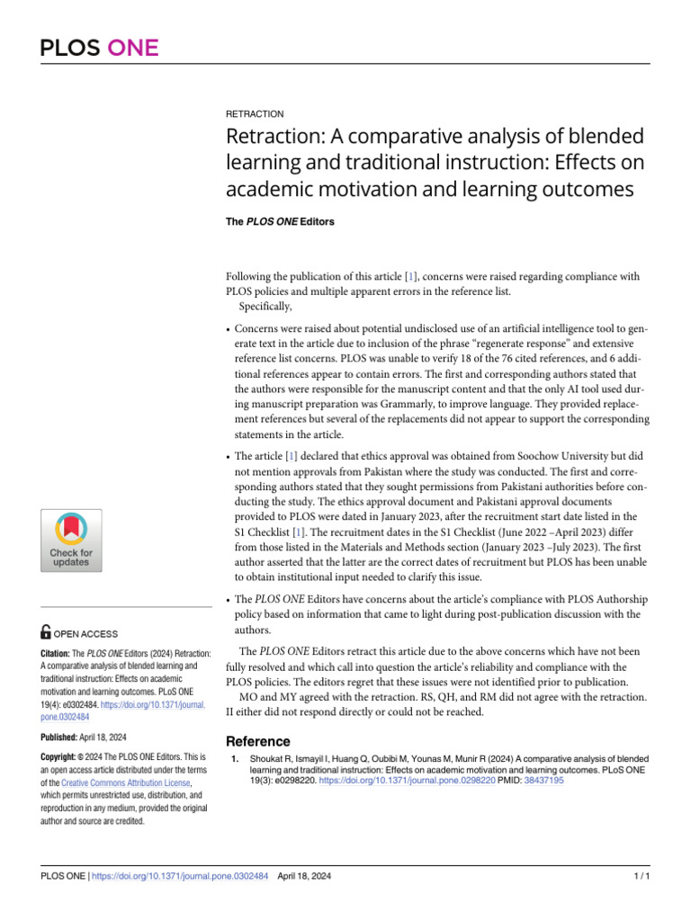 Retraction of Blended Learning Study | PDF | Plos One | Open Access