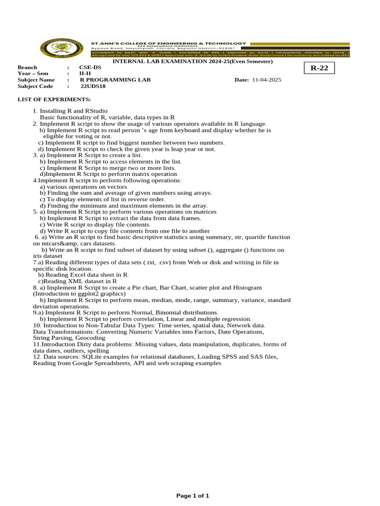 R Programming Lab Exam 2024-25 Guide | PDF | Matrix (Mathematics ...