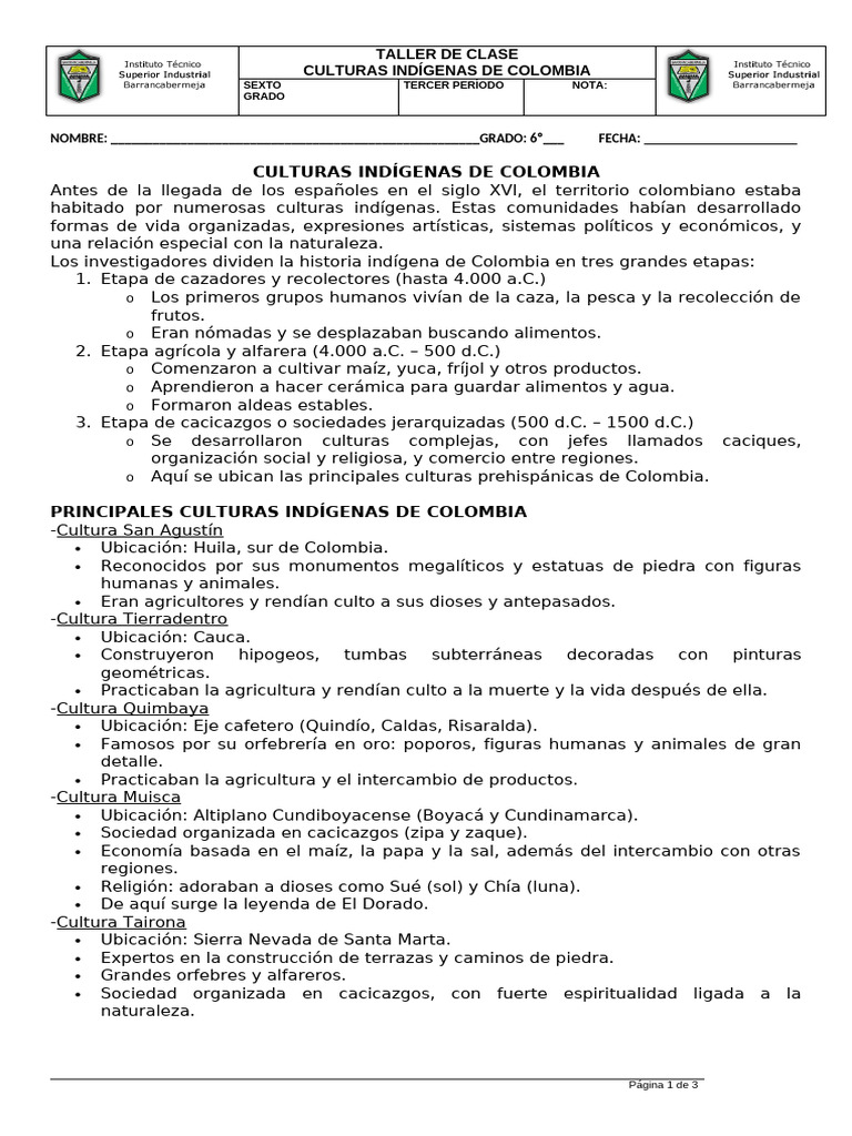 Culturas Indígenas de Colombia: Taller 6º | PDF | Era precolombina