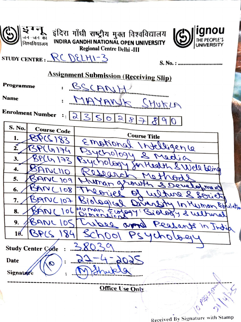 IGNOU Assignment Submission Slip | PDF