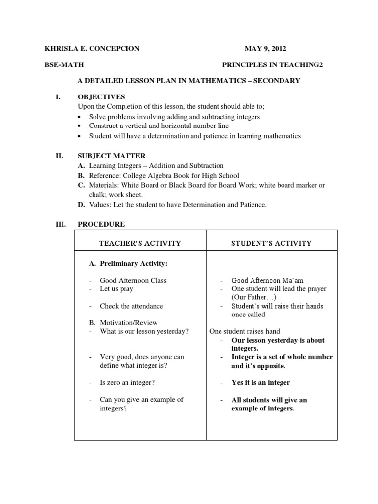 A Detailed Lesson Plan in Mathematics  Subtraction  Integer