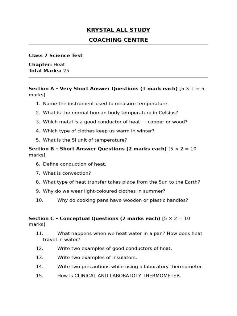 Class 7 Science: Heat Test Questions | PDF