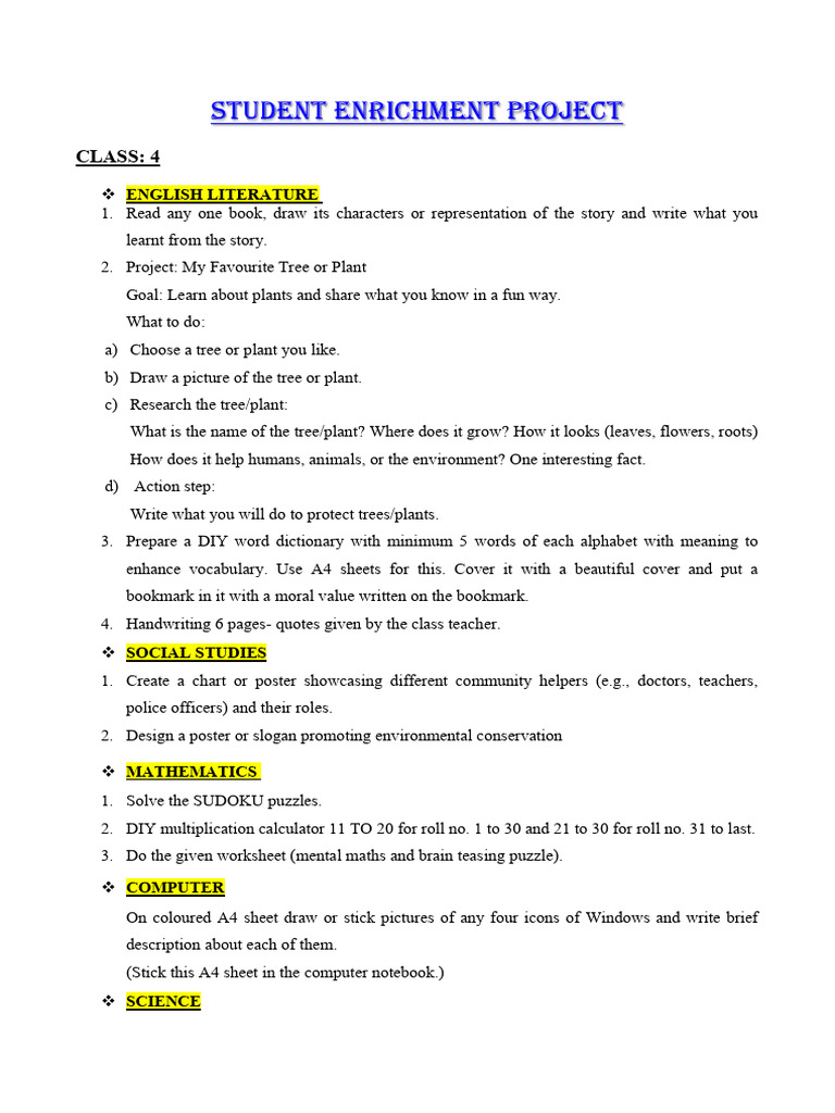 Grade 4 Student Enrichment Projects | PDF