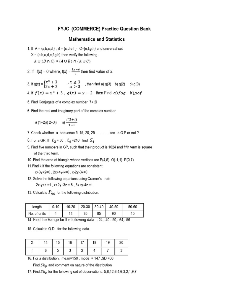 FYJC Commerce Math & Stats Question Bank | PDF | Complex Number ...