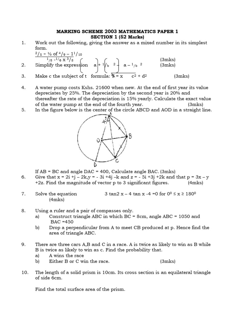 2003 KCSE Mathematics Marking Scheme | PDF | Area | Latitude