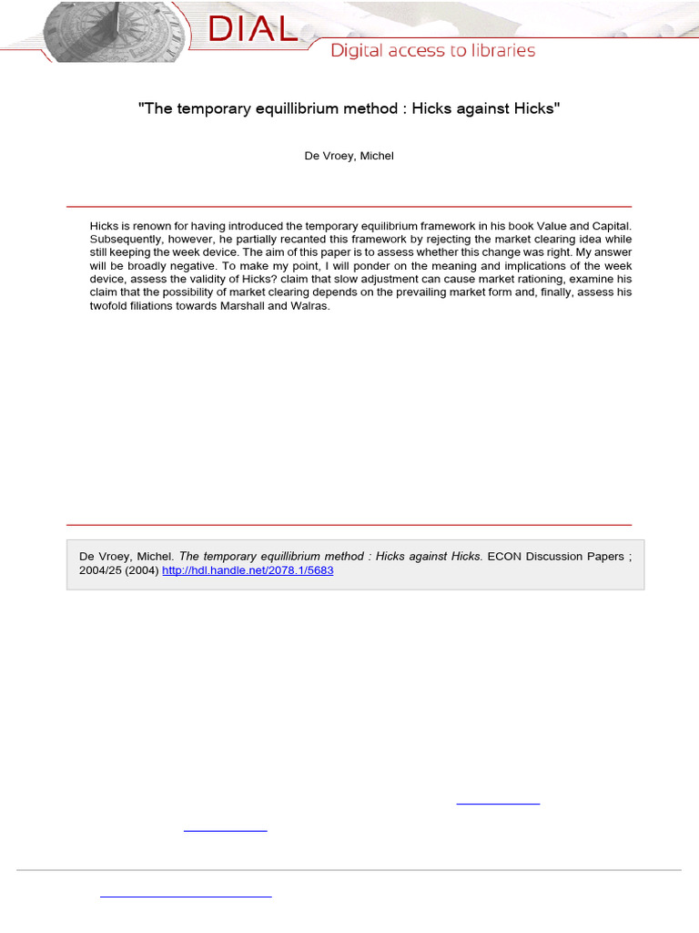 The Temporary Equilibrium Hicks de Vroey | PDF | Economic Equilibrium ...