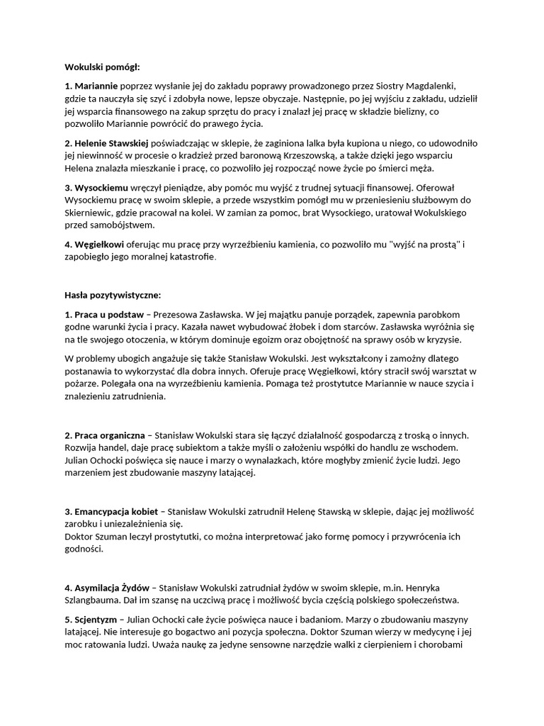 Pomoc Wokulskiego Hasła W Lalce | PDF