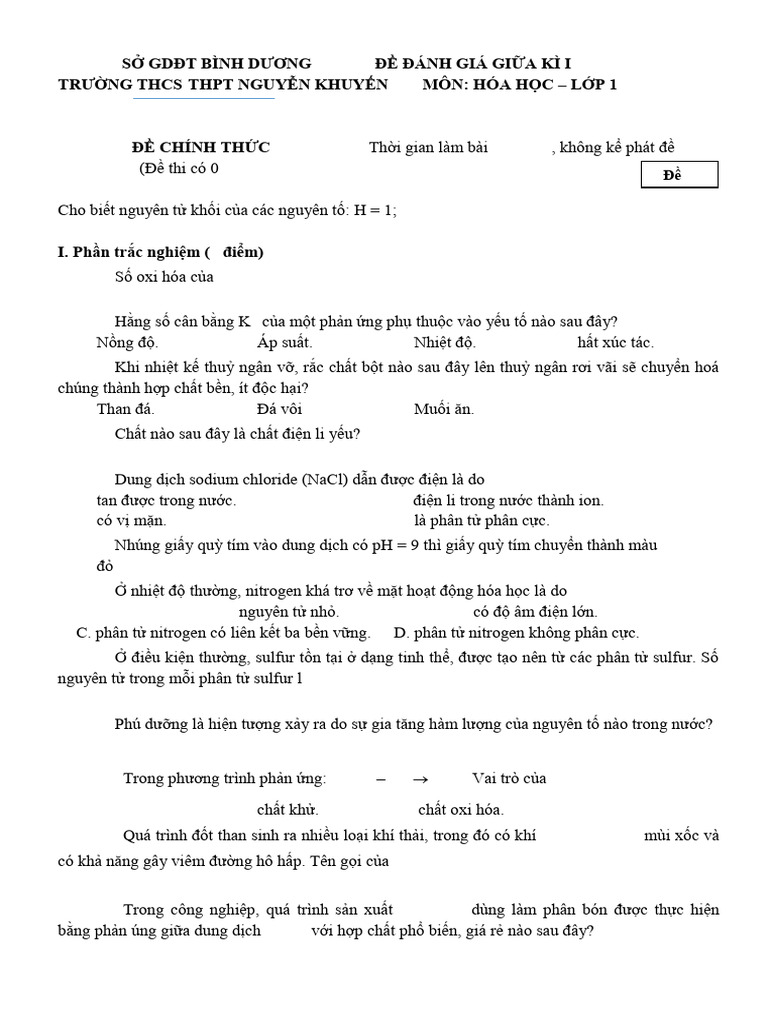 Đề A - Hóa K11 ĐGGK I - Ngày 24-10-2024 | PDF