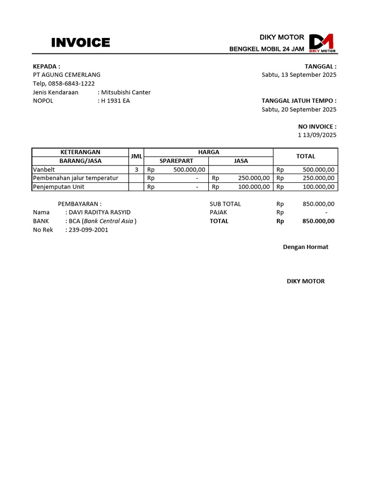 Invoice Pembayaran Diky Motor 2025 | PDF