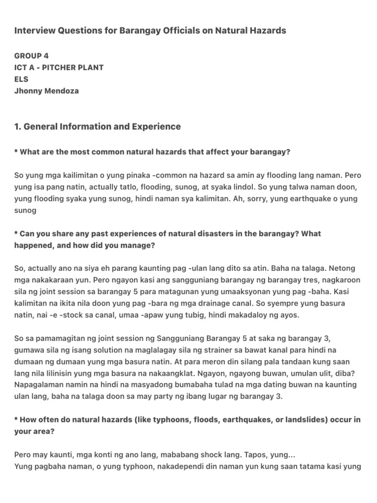 Interview Questions For Barangay Officials On Natural Hazards 3 | PDF