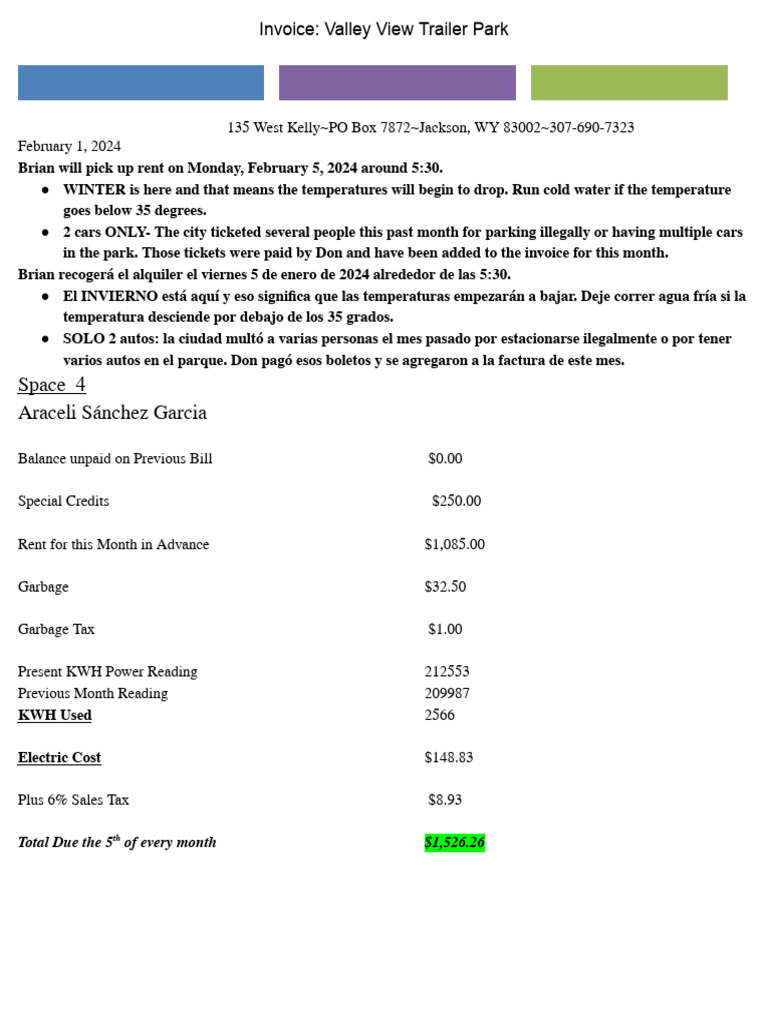 Valley View Trailer Park Invoice Summary | PDF