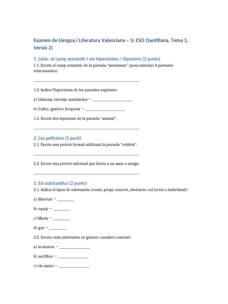 Examen Llengua Valenciana Tema1 V2 | PDF