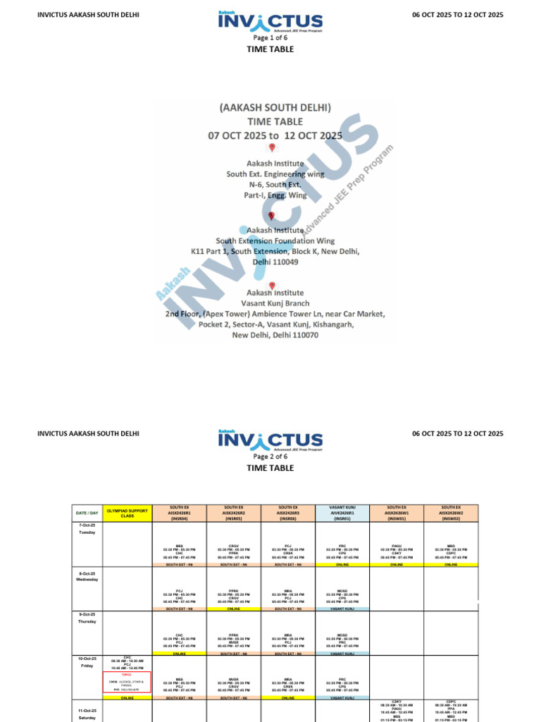Aakash Institute Timetable: Oct 2025 | PDF | Recruitment | Educational ...
