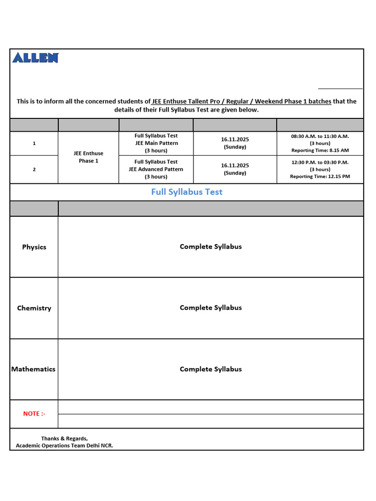 Test Notice of JEE Enthuse Full Syllabus Test, 16th Nov 25. | PDF