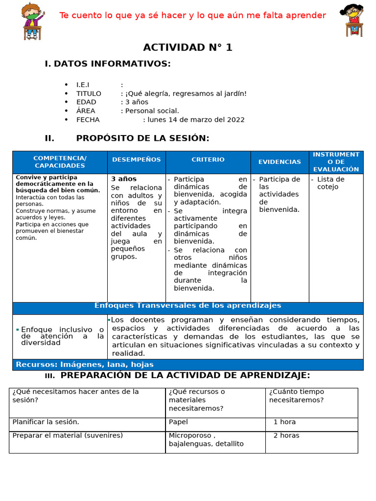 Actividades de Bienvenida para Niños de 3 Años | PDF | Aprendizaje ...