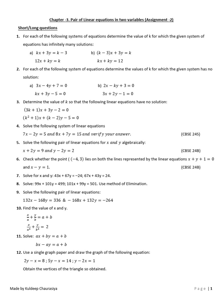 ch-3 Linear Eq Notes and Assignment - 2 | PDF | Equations | System Of ...