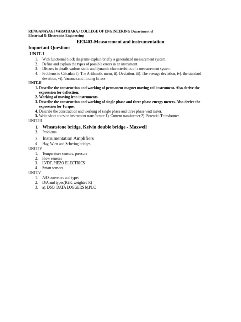 Important Questions on Measurement & Instrumentation | PDF