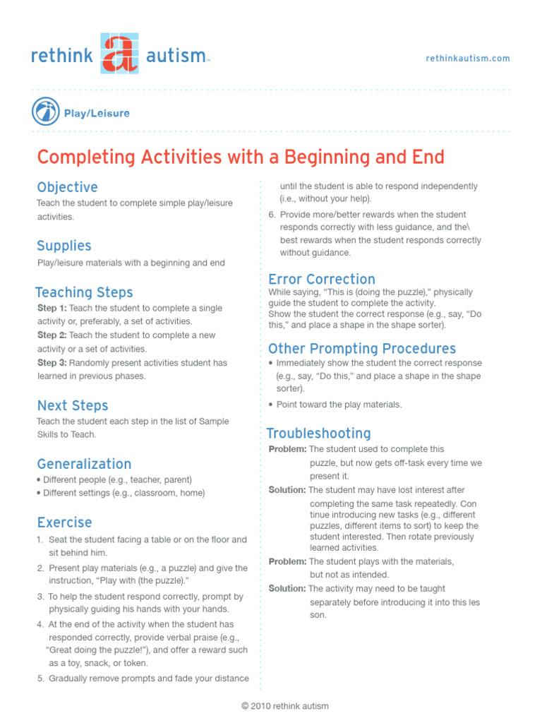 Completing Activities With a Beginning and End - Younger | PDF ...