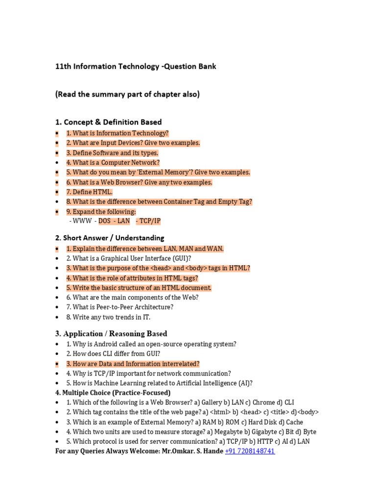 11th Grade IT Question Bank Guide | PDF