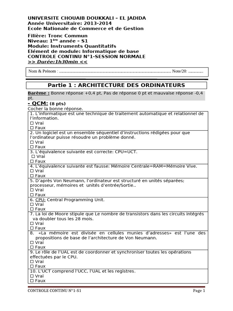 Contrôle Continu Informatique S1 2013-2014 | PDF | Structure de ...