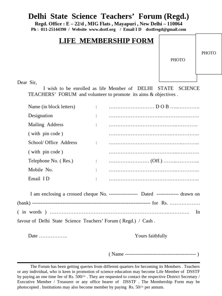 Delhi State Science Teachers' Forum (Regd.) : Life Membership Form | PDF