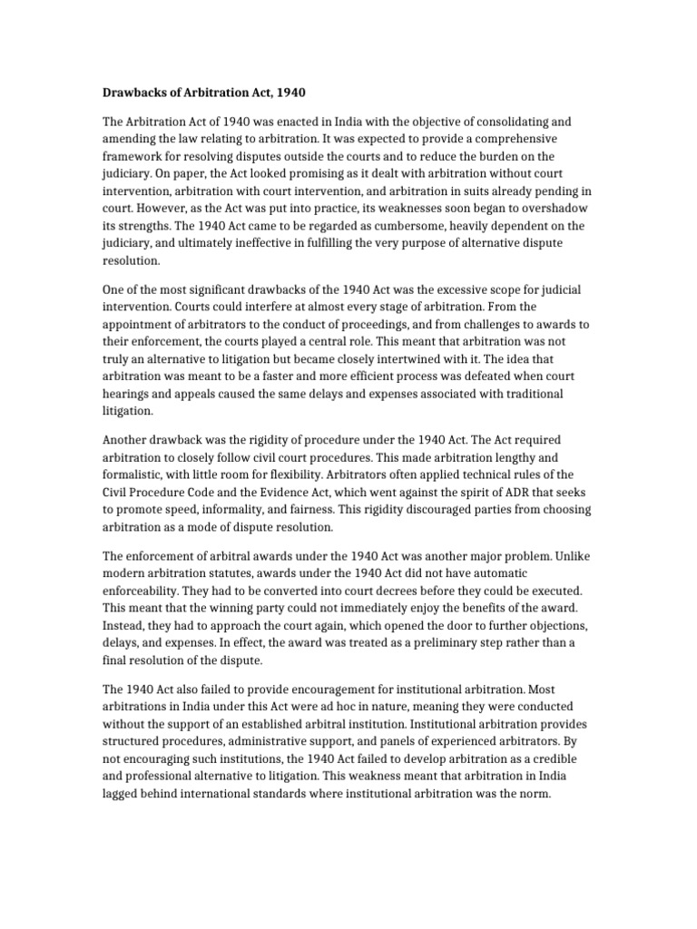 Critique of Arbitration Act 1940 | PDF | Arbitration | Alternative ...
