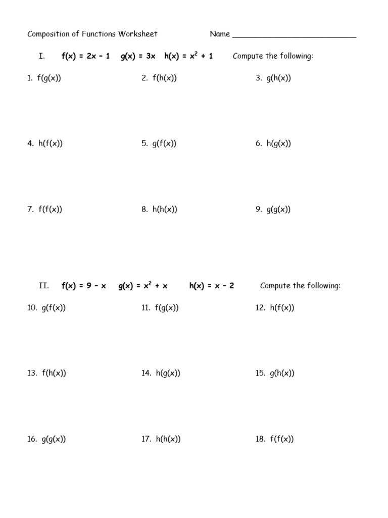 Composition of Functions Practice Worksheet | PDF