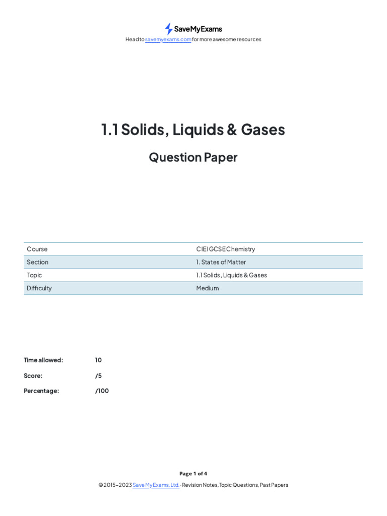 IGCSE Chemistry: States of Matter Quiz | PDF | Phase (Matter) | Gases