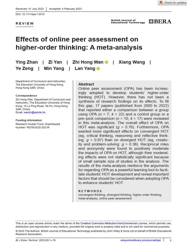 Effects of Online Peer Assessment On Higher Order Thinking A Meta ...