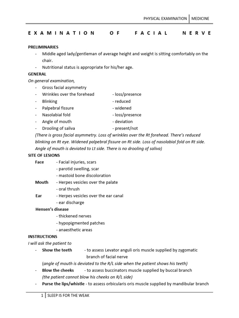 Facial Nerve Examination | PDF | Human Anatomy | Nervous System