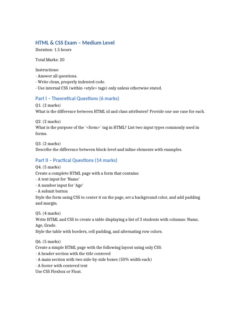 HTML CSS Exam Medium Level | PDF