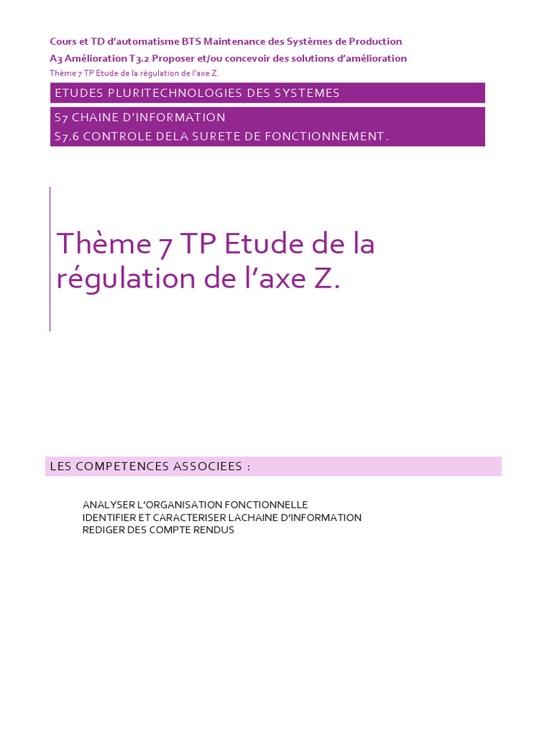 Automatisme : Étude de la régulation Z | PDF